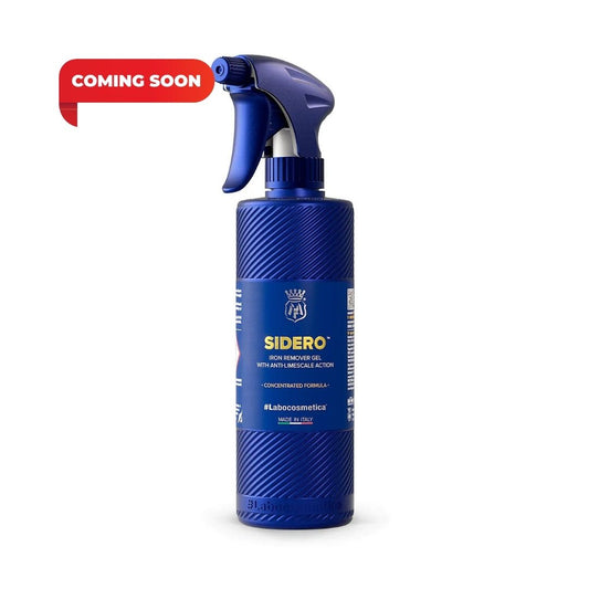A blue spray bottle of Labocosmetica SIDERO Iron fallout and wheel cleaner featuring a red 'COMING SOON' banner overlay in the top left corner, set against a plain white background.