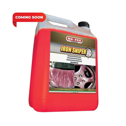 A red plastic jerrycan of MA-FRA Iron Sniper rust remover, featuring a white handle and a black cap, with a red 'COMING SOON' banner overlay on the top left.