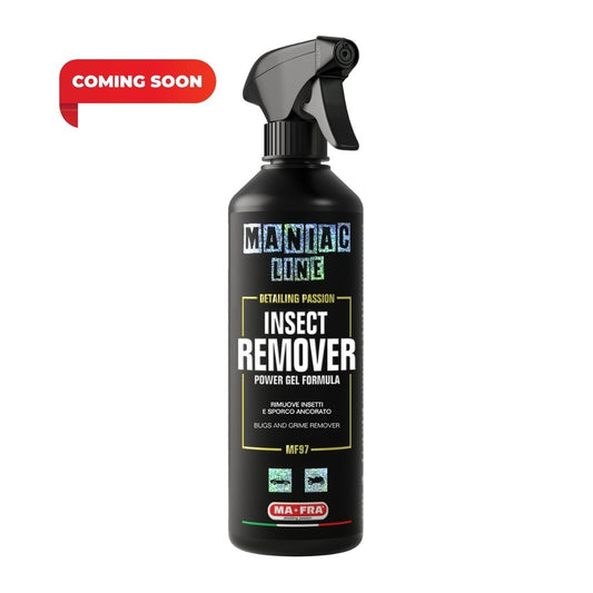 A black spray bottle of Maniac Line Insect Remover gel formula, featuring a red 'COMING SOON' banner overlay in the top left corner, set against a plain white background.