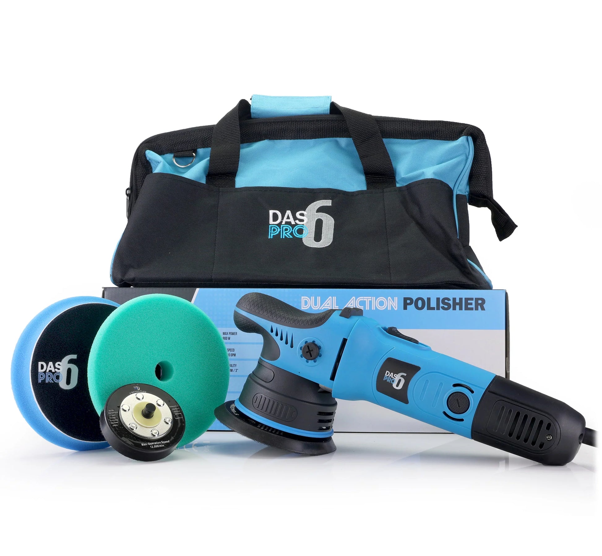 DAS-6 Pro Dual Action Polisher (9mm orbit). blue polisher with pads, backing plate and carry case. DAS polisher Ireland