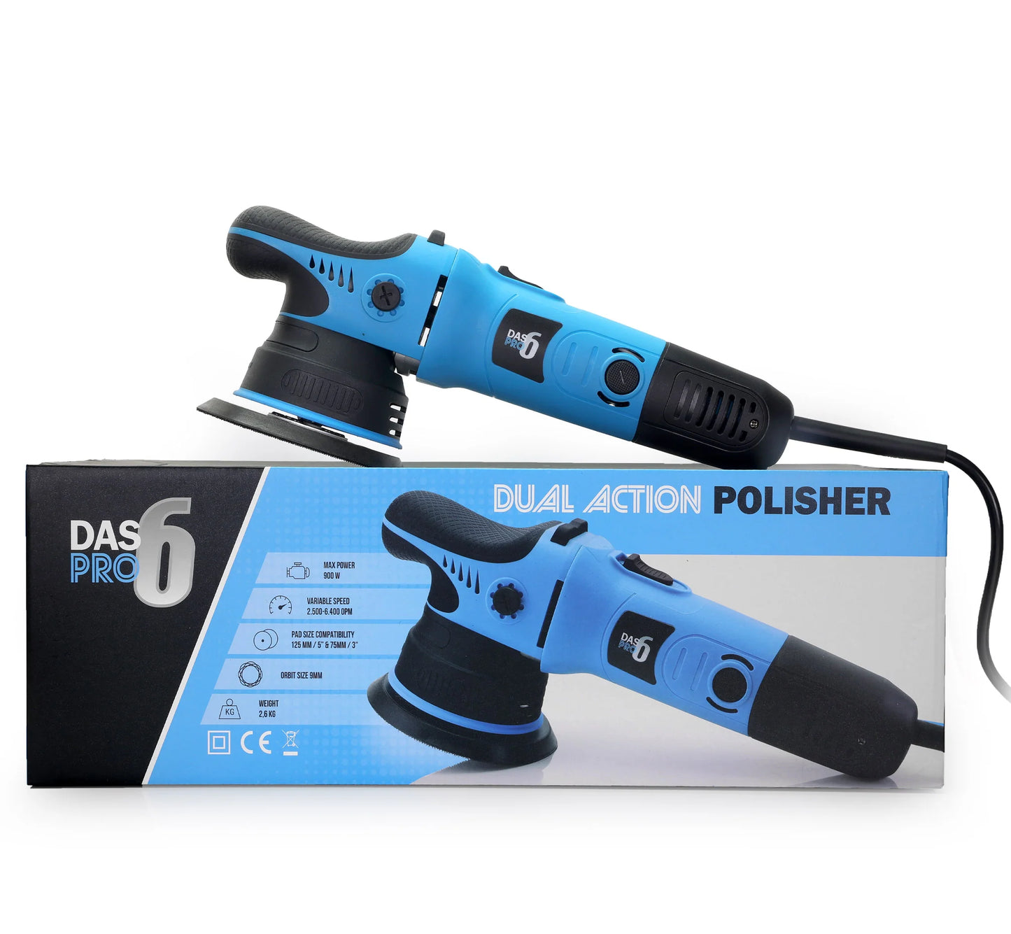 DAS-6 Pro Dual Action Polisher (9mm orbit). blue polisher with pads, backing plate and carry case. DAS polisher Ireland