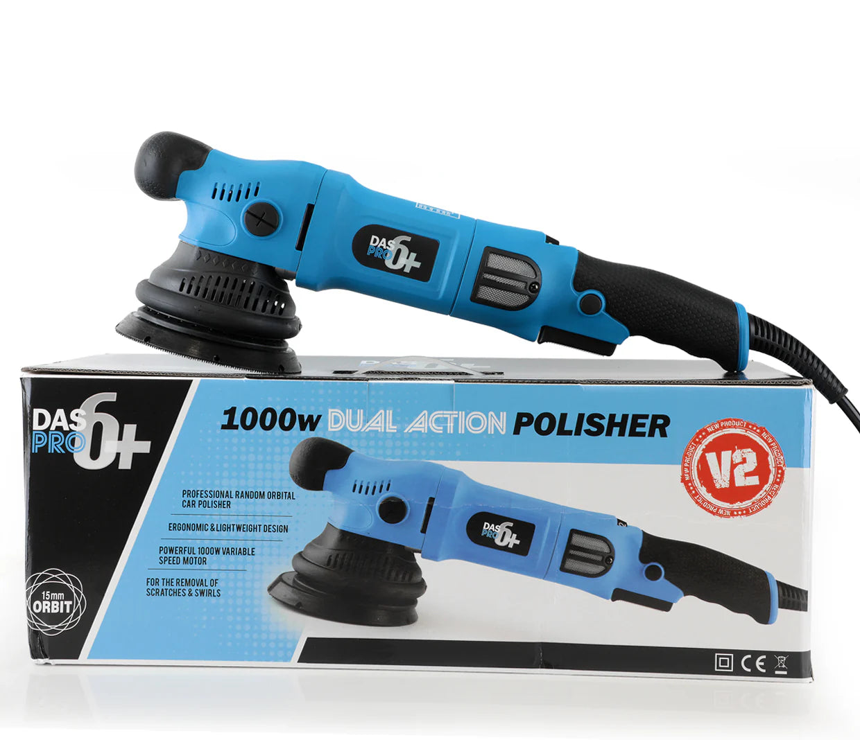 DAS-6 Pro Plus Dual Action Polisher (15mm orbit). blue polisher with pads, backing plate and carry case. DAS polisher Ireland