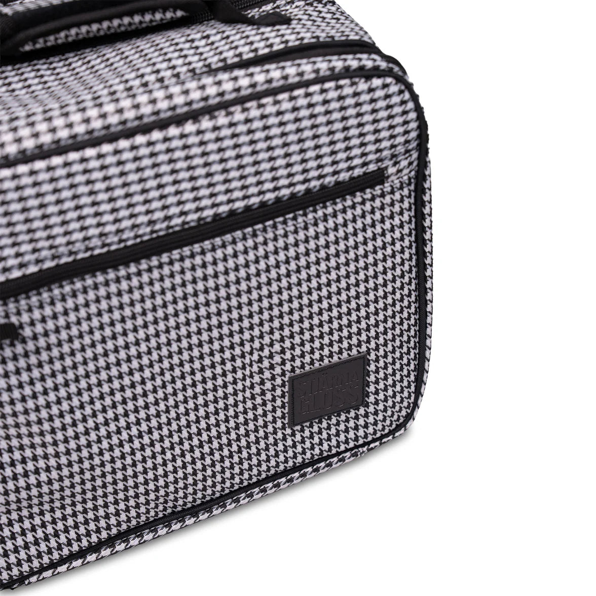 Black and white checkered bag with a visible brand logo on a white background