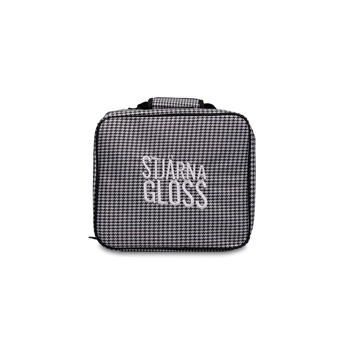 Black and white houndstooth patterned bag with 'SUVARNA GLOSS' branding on a white background