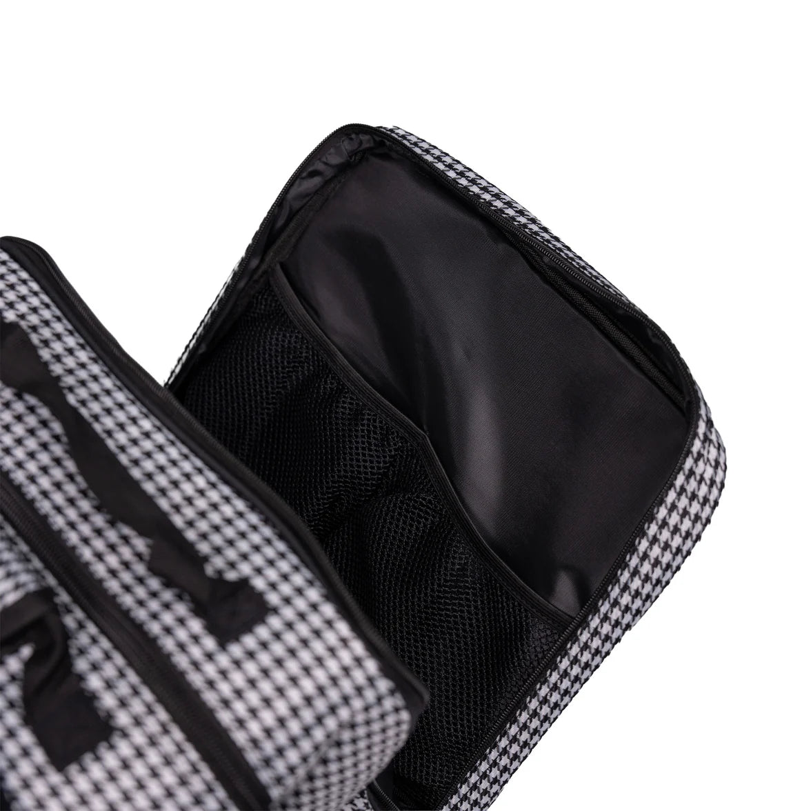 Black and white checkered toiletry bag with open compartment showing black interior.