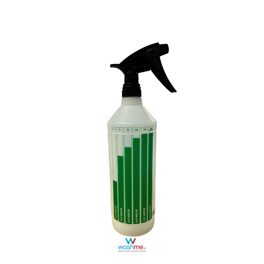 Spray bottles with Heavy Duty Tigger for interior cleaner. Glass Spray bottle. Wheel Cleaner spray bottles. Canyon Spray Trigger. Dilution Measuring Bottle Blue, Red and Green. Dilution Calculation. Labocosmetica Cork Ireland