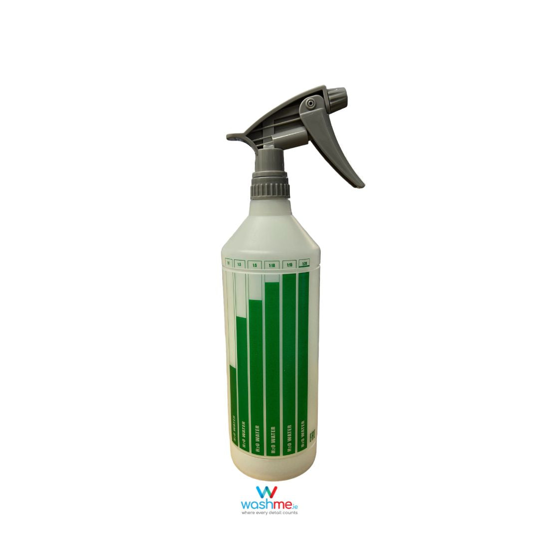 Spray bottles with Heavy Duty Tigger for interior cleaner. Glass Spray bottle. Wheel Cleaner spray bottles. Canyon Spray Trigger. Dilution Measuring Bottle Blue, Red and Green. Dilution Calculation. Labocosmetica Cork Ireland