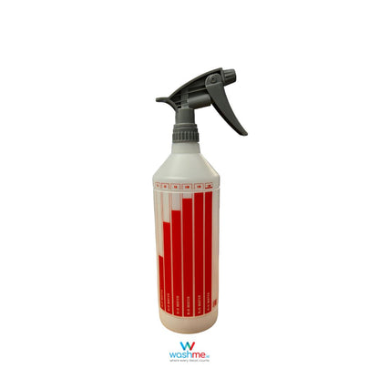 Spray bottles with Heavy Duty Tigger for interior cleaner. Glass Spray bottle. Wheel Cleaner spray bottles. Canyon Spray Trigger. Dilution Measuring Bottle Blue, Red and Green. Dilution Calculation. Labocosmetica Cork Ireland