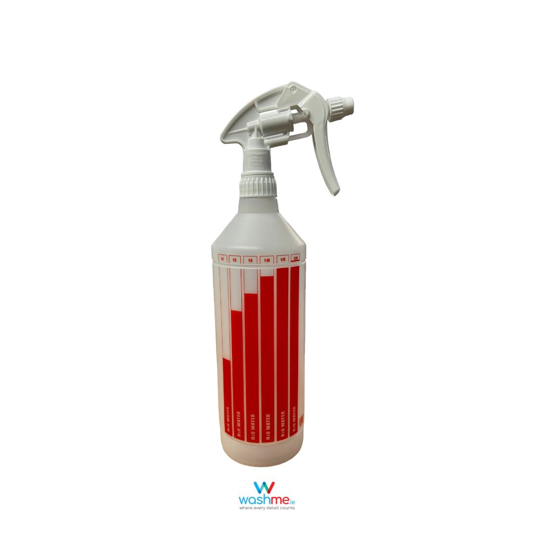 Spray bottles for interior cleaner. Glass Spray bottle. Wheel Cleaner spray bottles. Canyon Spray Trigger. Dilution Measuring Bottle Blue, Red and Green. Dilution Calculation. Labocosmetica Cork Ireland