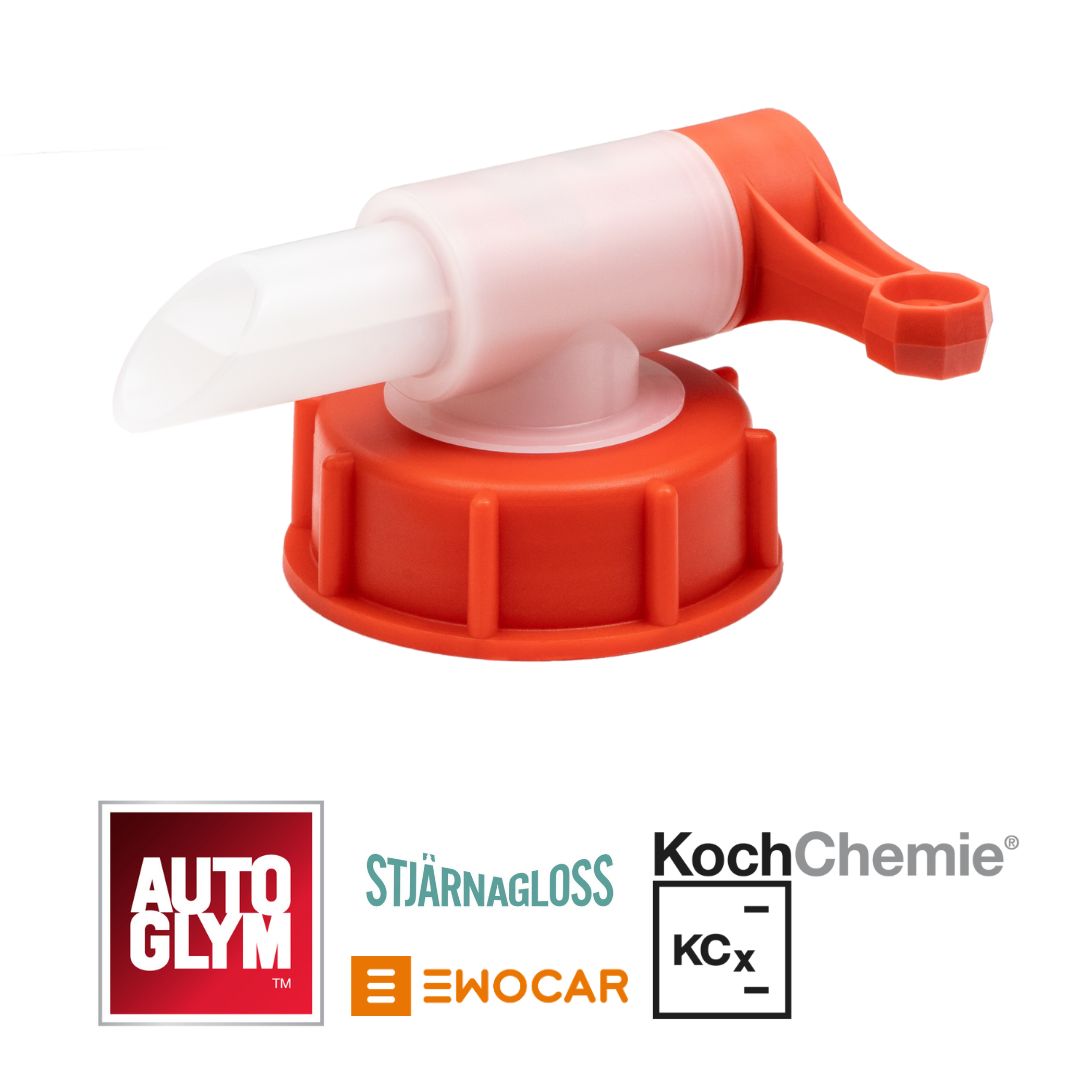 Red and white drum tap with brand logos at the bottom on a white background