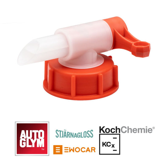 Red and white drum tap with brand logos at the bottom on a white background