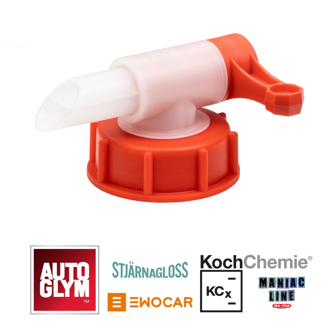 Red and white spray nozzle with brand logos at the bottom on a white background