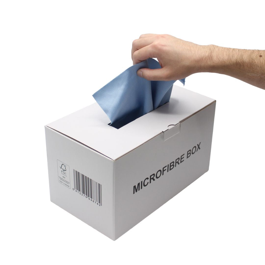 Hand pulling a blue microfiber cloth from a white box labeled 'Microfibre Box' on a white background