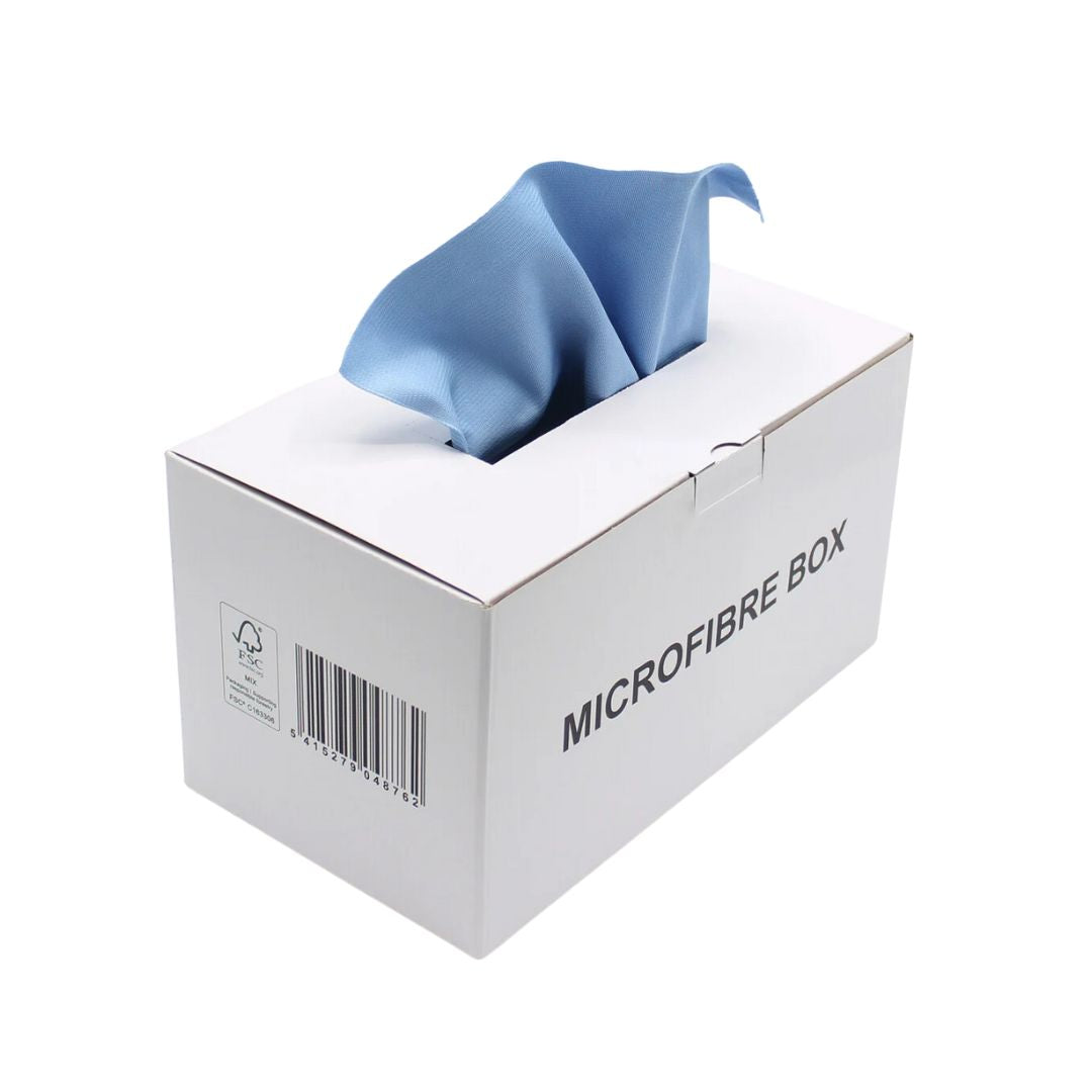 Blue microfibre cloth in a white box labeled 'Microfibre Box' on a white background