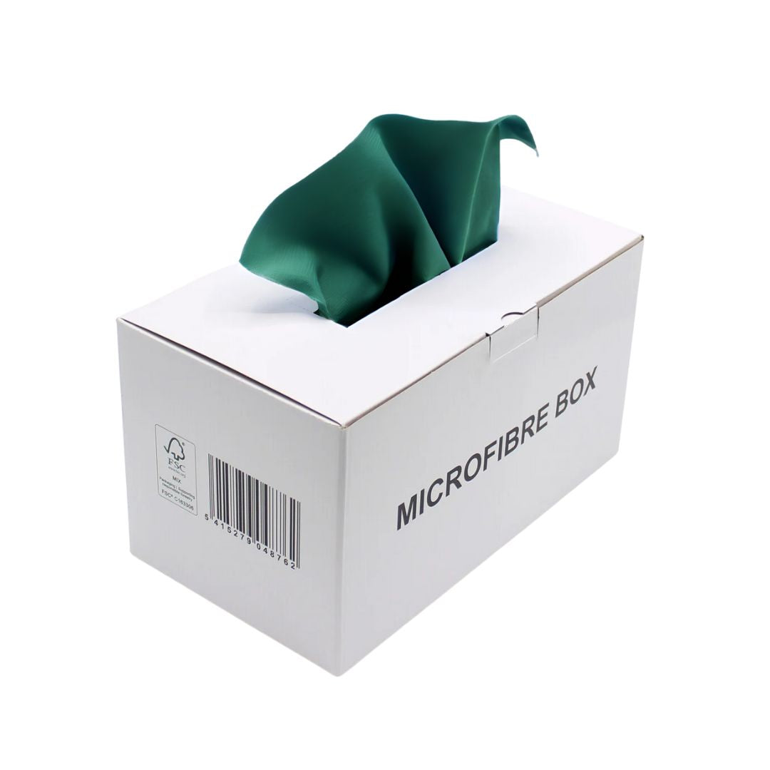 Green microfibre cloth in a white box labeled 'Microfibre Box' on a white background