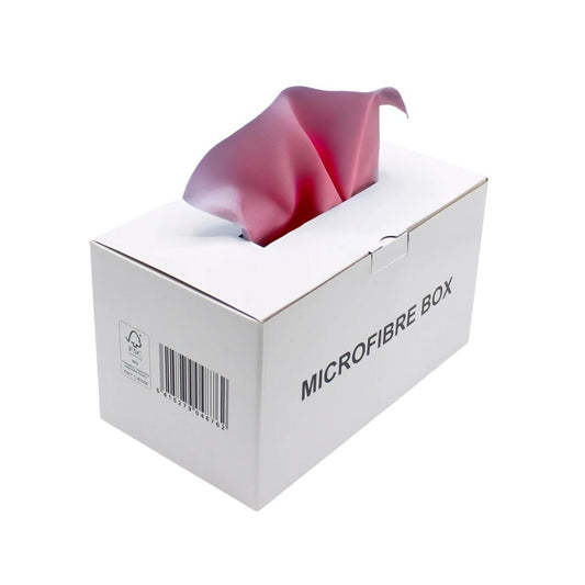 Pink microfibre cloth in a white box labeled 'Microfibre Box' on a white background