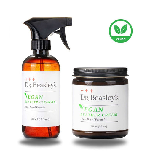 Dr. Beasley’s Vegan Leather Kit is a complete cleaning and conditioning system for vegan leather car seats, shoes, backpacks, purses, jackets, and more. This vegan-safe cleaner and conditioner collection keeps your faux leather free of grime and stains, leaving it with a luxuriously soft and supple hand.