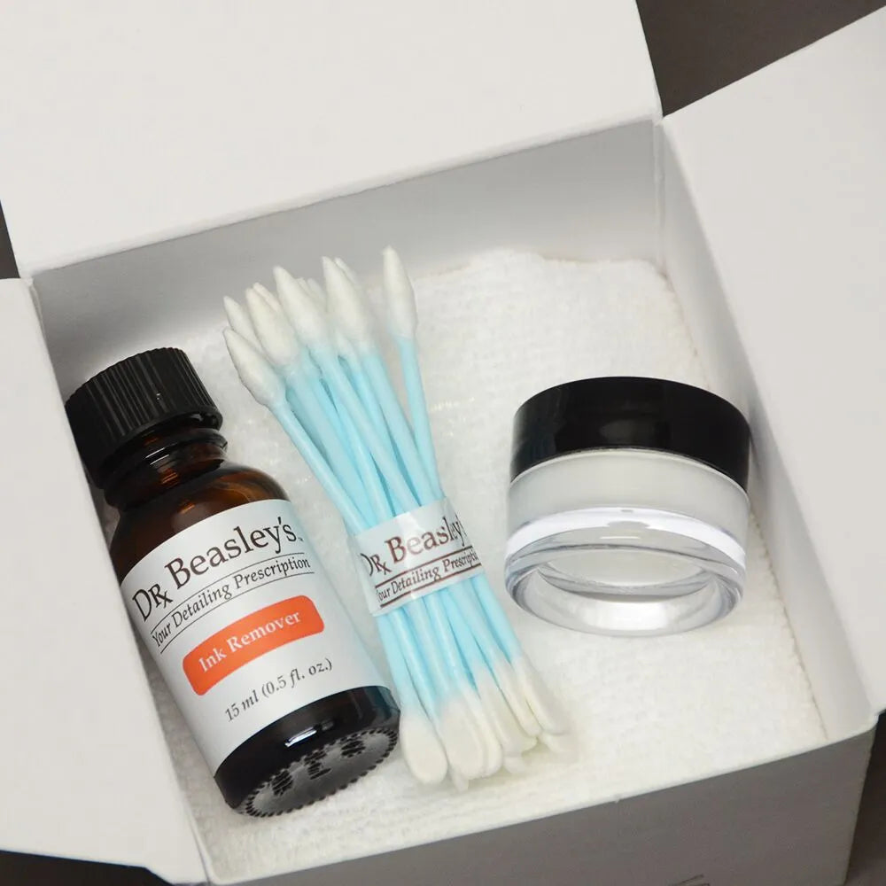 Dr. Beasley’s Ink Remover Kit lifts out and eliminates ballpoint pen ink from top coated leather.