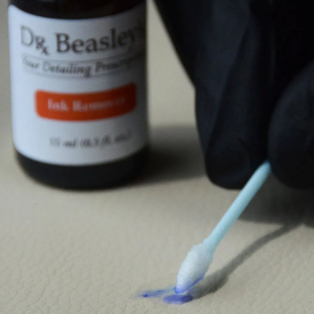 Dr. Beasley’s Ink Remover Kit lifts out and eliminates ballpoint pen ink from top coated leather.