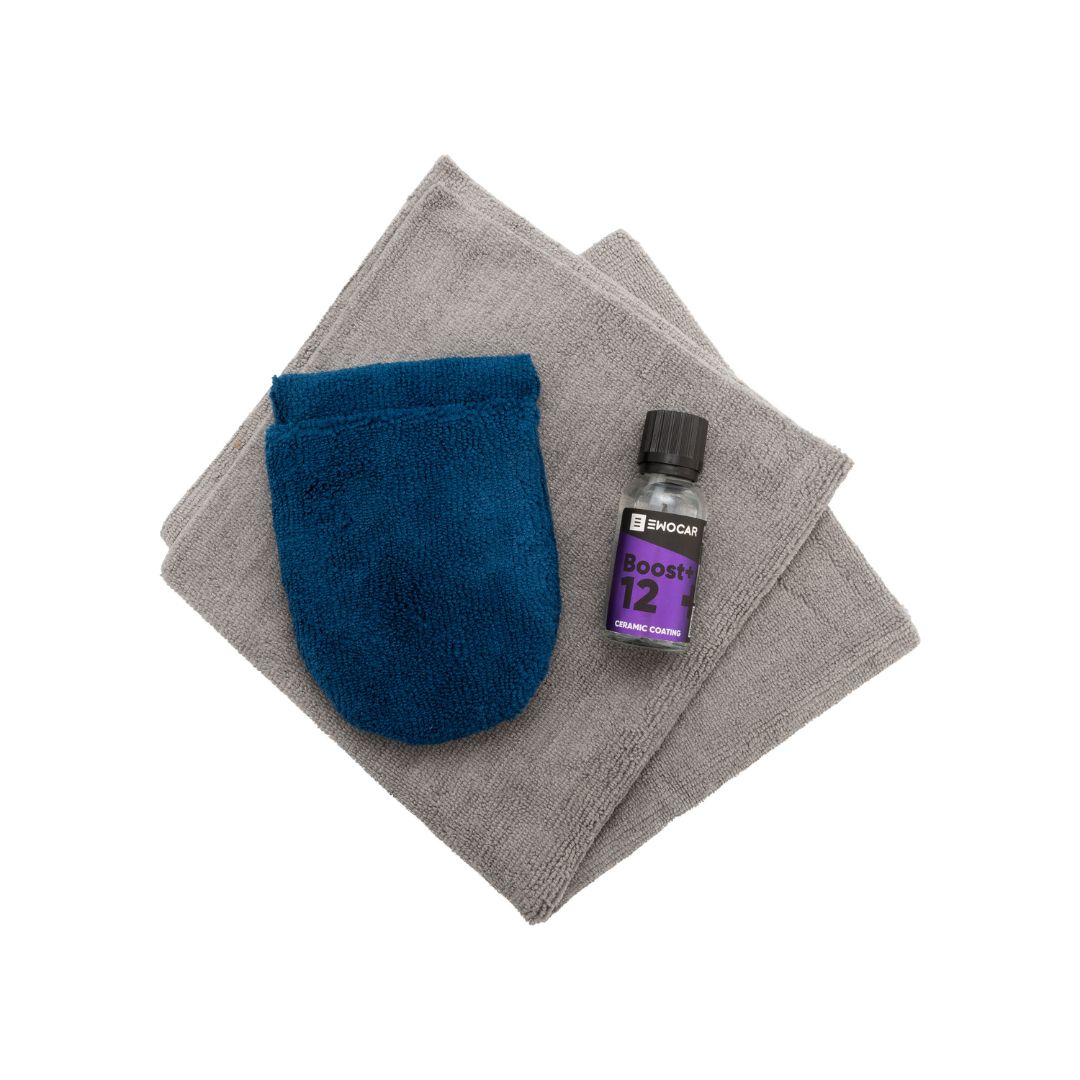 Ewocar Boost+ 12 month ceramic coating application kit with bottle, cloth, and packaging on a white background