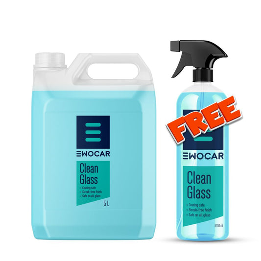 Two EWOCAR Clean Glass products, a large container and a spray bottle, on a white background.