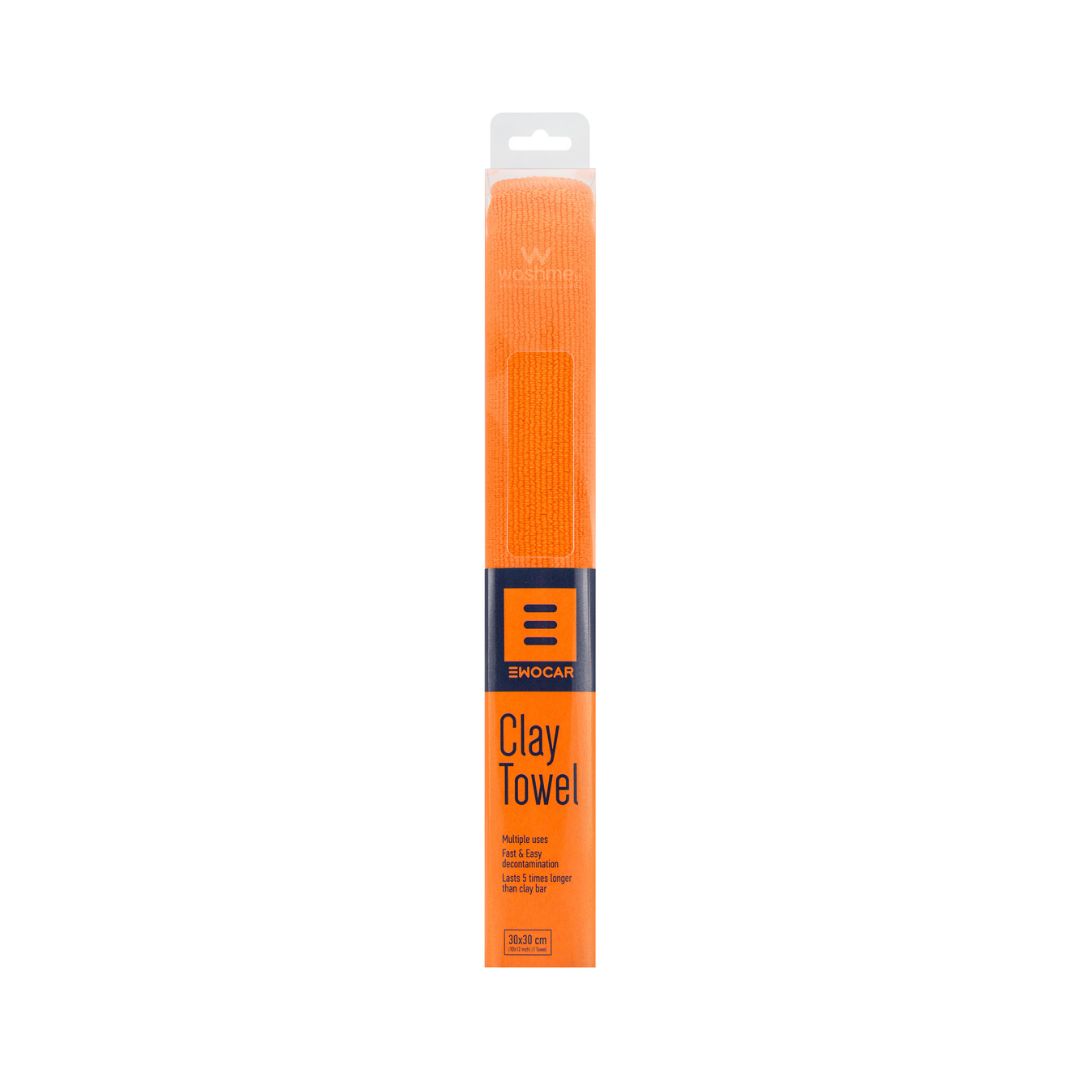 Orange EWOCAR clay towel with black text on a white background