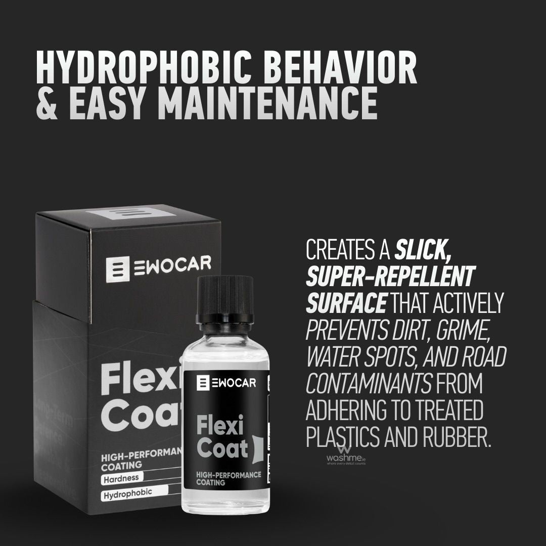 Emocar Flexi Coat bottle and packaging on a black background with text about hydrophobic behavior and easy maintenance.