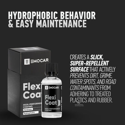 Emocar Flexi Coat bottle and packaging on a black background with text about hydrophobic behavior and easy maintenance.