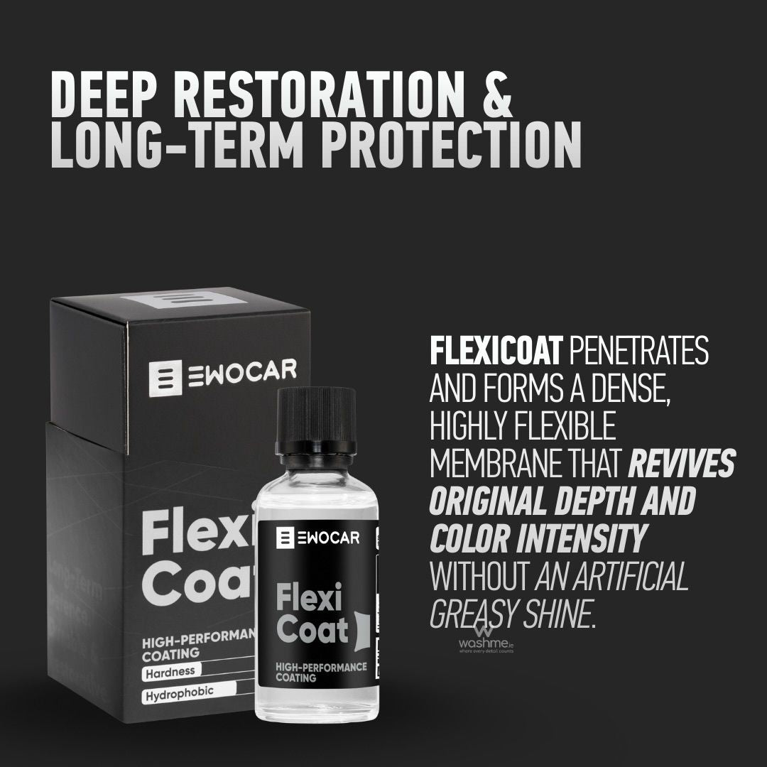 Emocar Flexi Coat bottle and packaging on a black background with text about deep restoration and long-term protection.