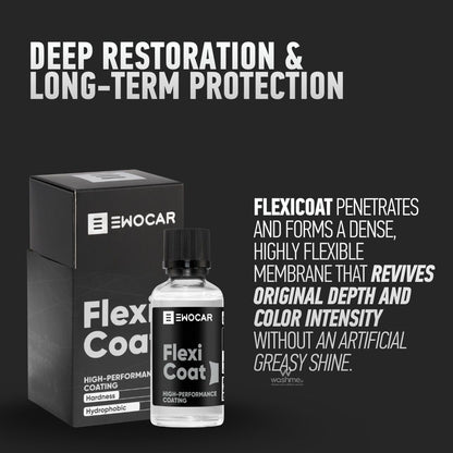 Emocar Flexi Coat bottle and packaging on a black background with text about deep restoration and long-term protection.