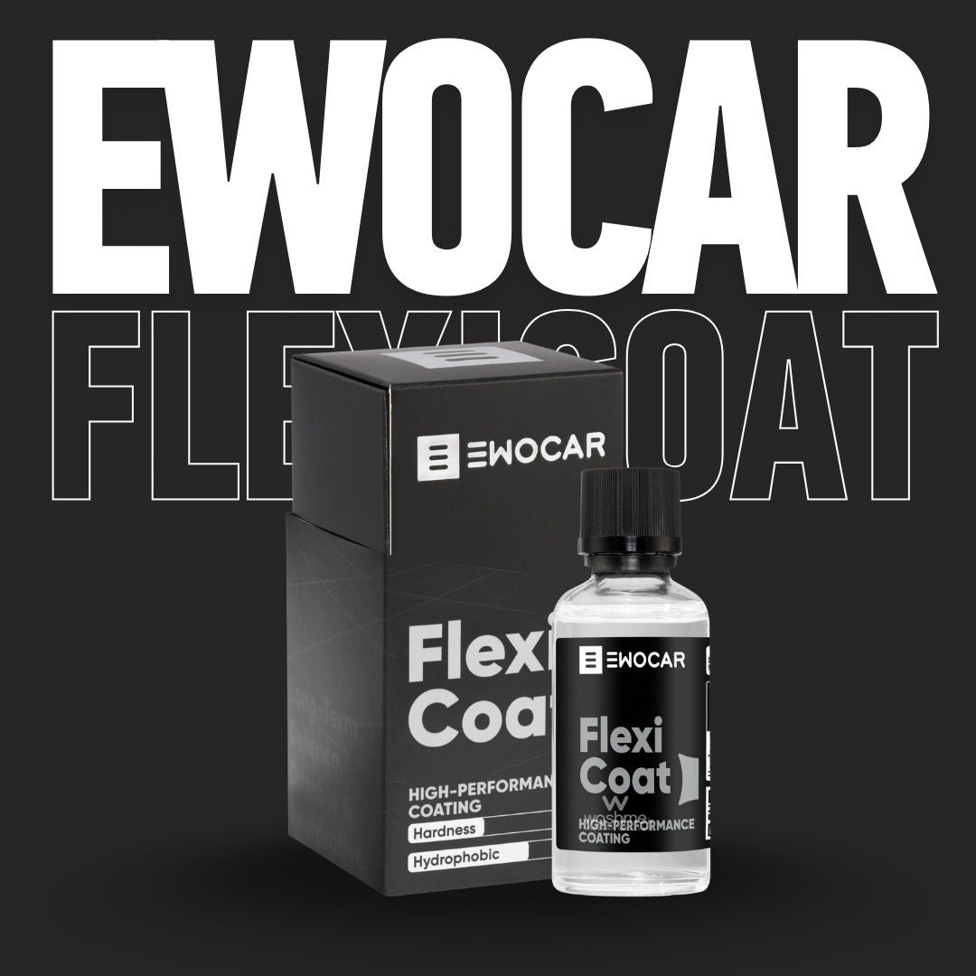 EWOCAR Flexi Coat packaging with bottle and box on a black background
