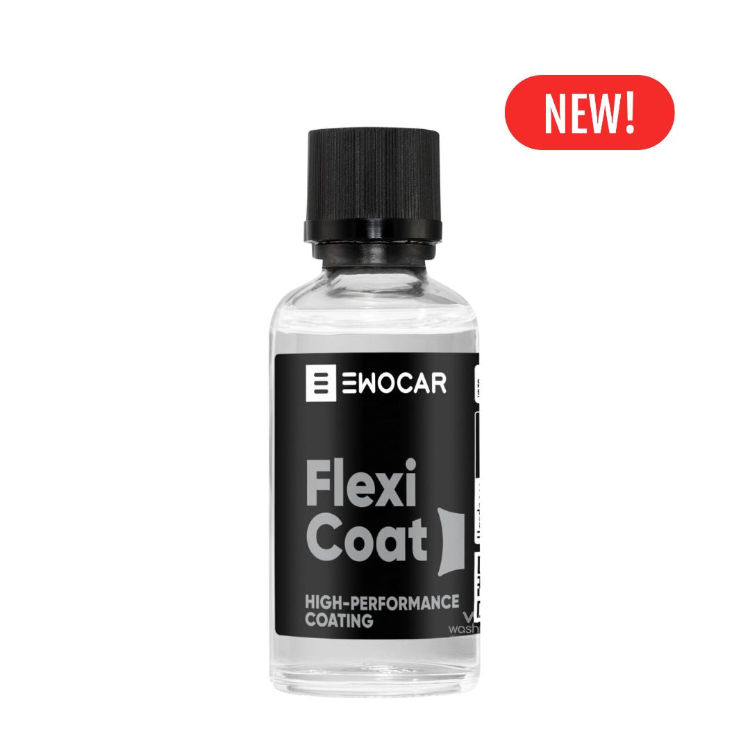 Bottle of EWOCAR Flexi Coat high-performance coating with a 'NEW!' label on a white background