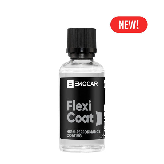 Bottle of EWOCAR Flexi Coat high-performance coating with a 'NEW!' label on a white background