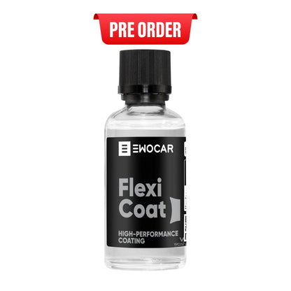 Bottle of EWOCAR Flexi Coat high-performance coating with a pre-order label on a white background