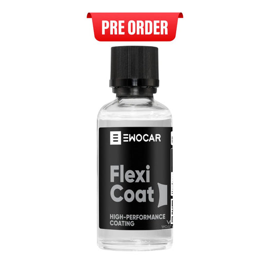 Bottle of EWOCAR Flexi Coat high-performance coating with a pre-order label on a white background