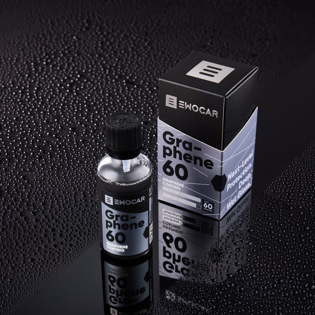 EWOCAR Graphene 60 ceramic coating product packaging on a textured black surface
