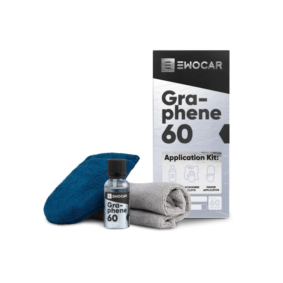 Ewocar Graphene 60 Application Kit with bottle, cloth, and packaging on a white background