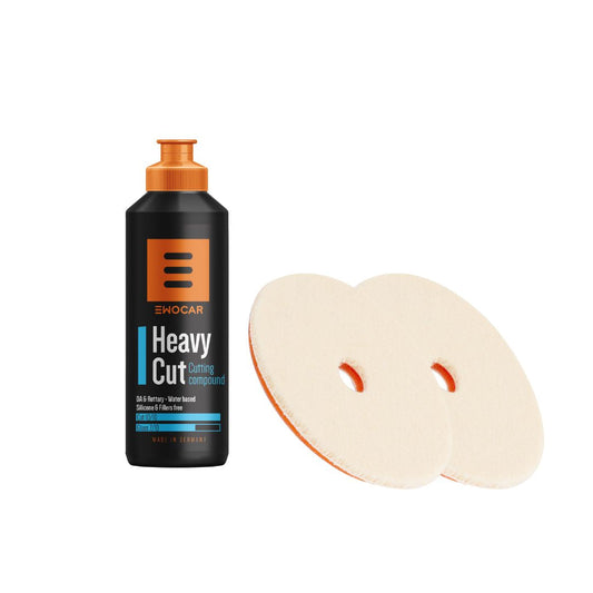 EWOCAR Heavy Cut with Wool Pad Bundle. Heavy cut polish bottle with 2 wool pads