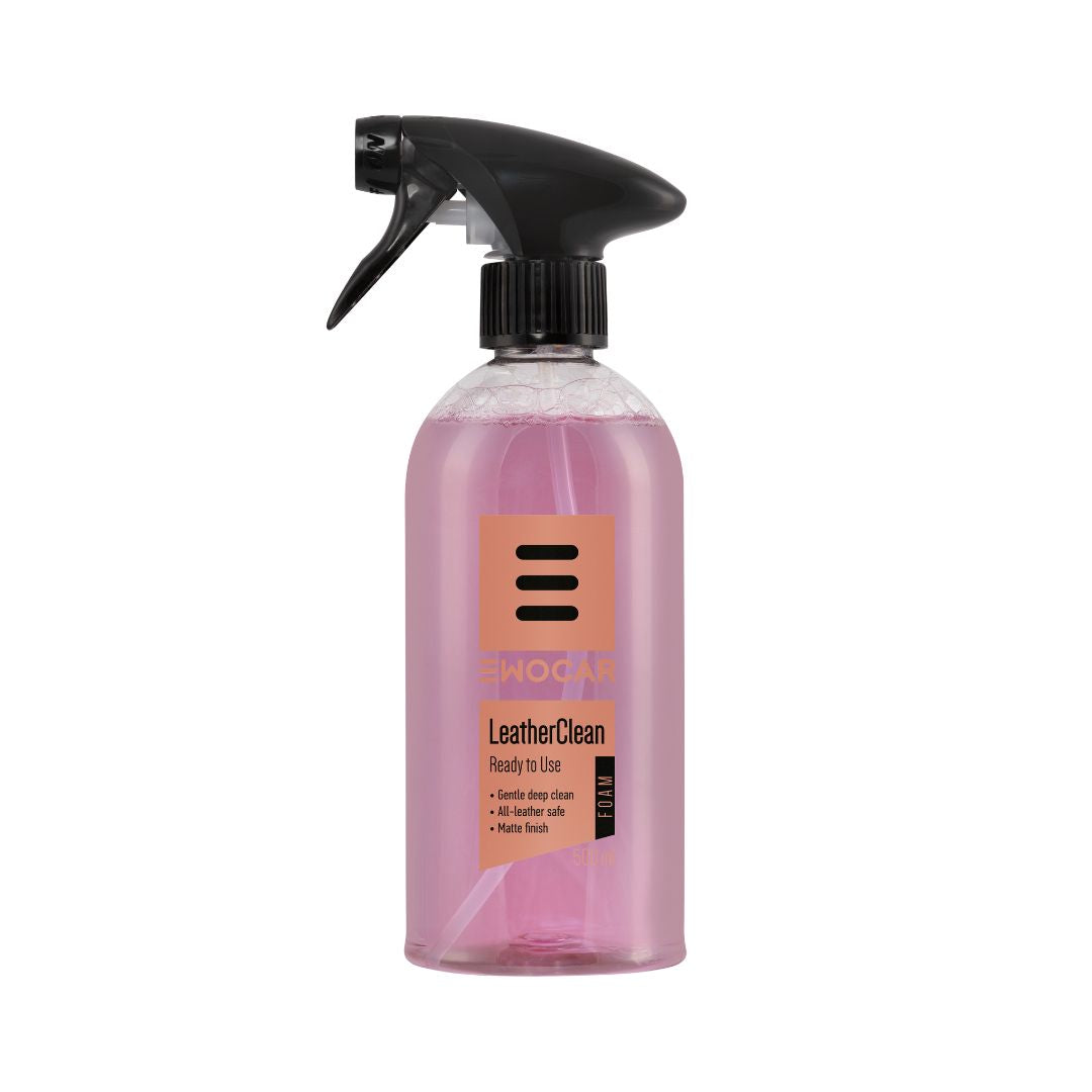 Spray bottle labeled 'LeatherClean' on a white background