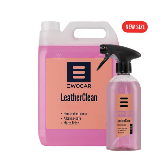 EWOCAR LeatherClean product with large container and smaller spray bottle on a white background with new size label
