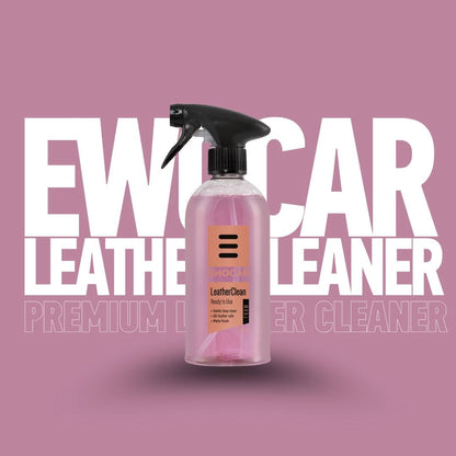 Bottle of EWOCAR Leather Cleaner with text on a pink background