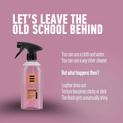 EWOCAR Leather Cleaner Spray bottle with text on a pink background