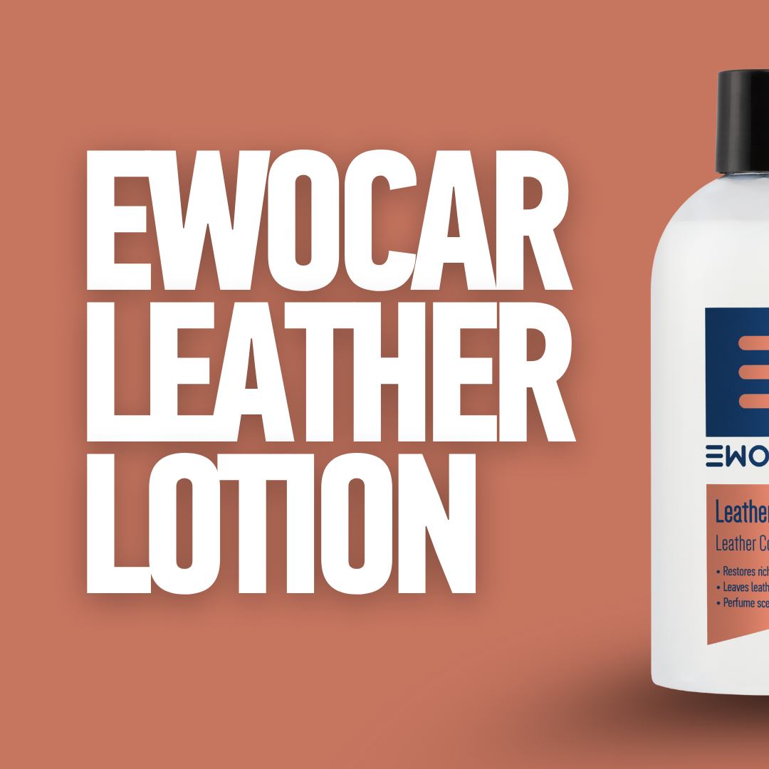 EWOCAR Leather Lotion bottle on a brown background with brand name displayed
