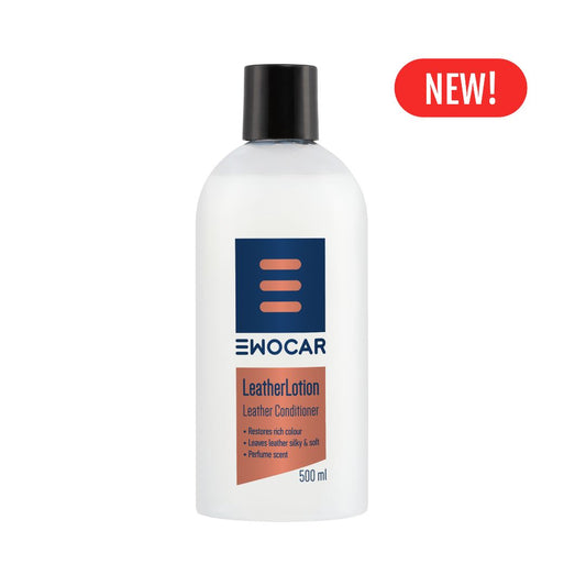 Bottle of Ewocar leather lotion with a black cap on a white background