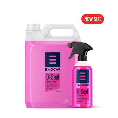 Two Ewocar Q-Seal products on a white background, one large pink bottle and one smaller spray bottle.