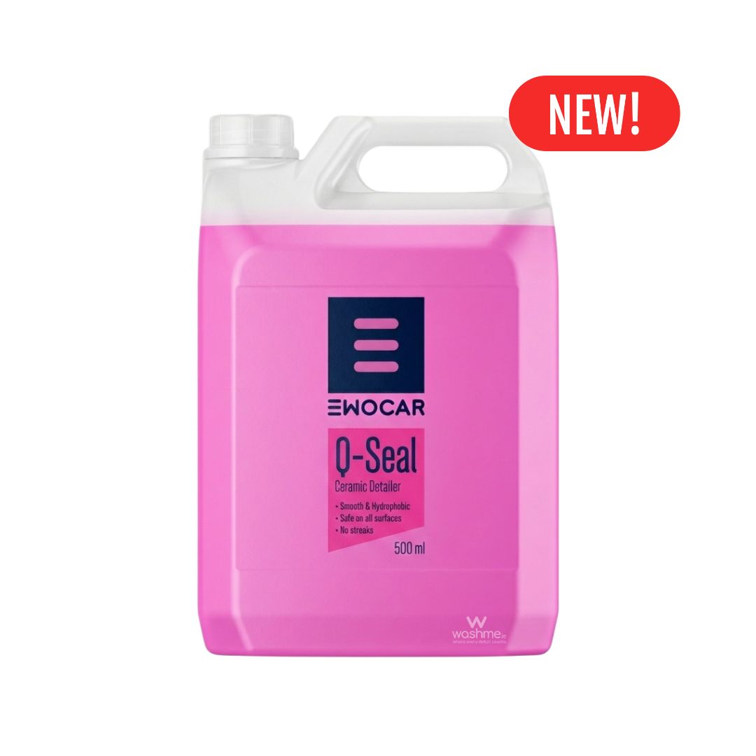 Pink container of Ewocar Q-Seal with a white cap on a white background
