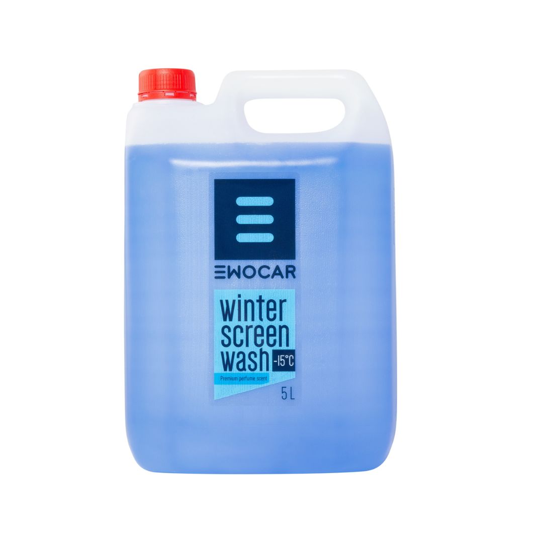 Blue container of EWOCAR winter screen wash on a white background
