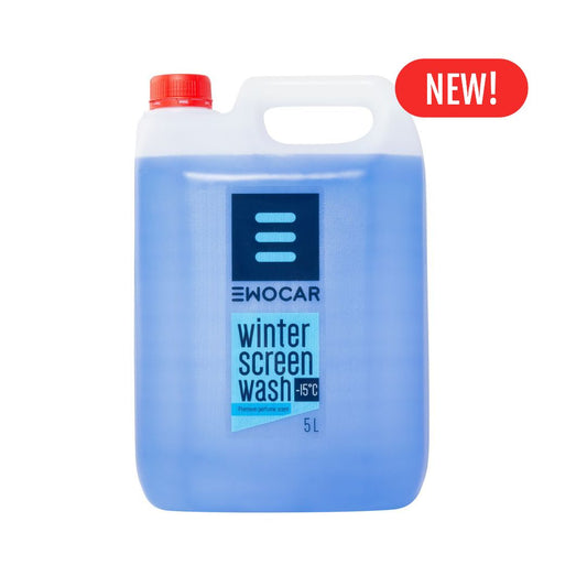 Blue container of EWOCAR winter screen wash with a red 'NEW!' label on a white background