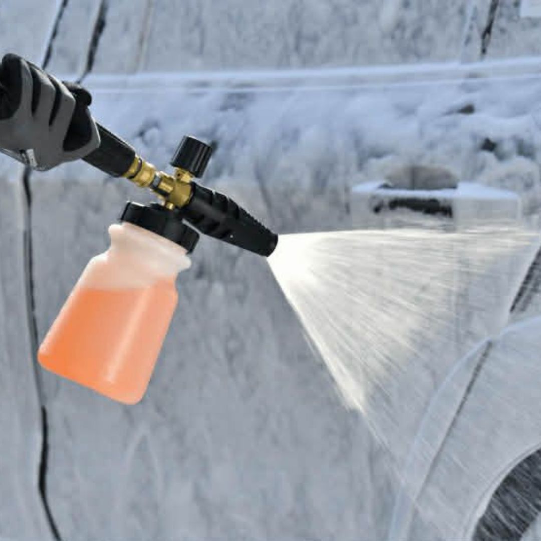 EWOCAR Foam cannon being used to clean a car with a snowy background