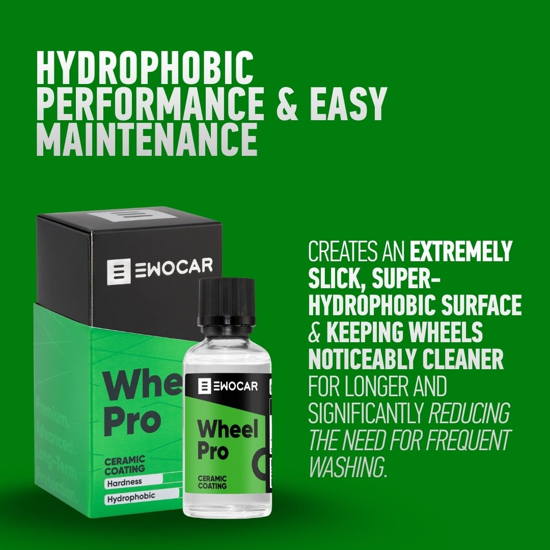 EWOCAR Wheel Pro bottle and packaging on a green background with text about hydrophobic performance and easy maintenance.